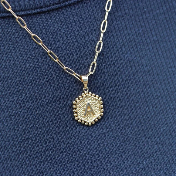 2 LAYER GOLD LETTER INITIAL COIN HEXAGONAL PENDANT  DAINTY NECKLACE, ELDM22335 - Picture 6 of 13